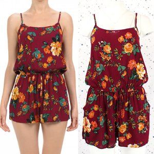 Burgundy Floral Print Cami Romper with Pockets